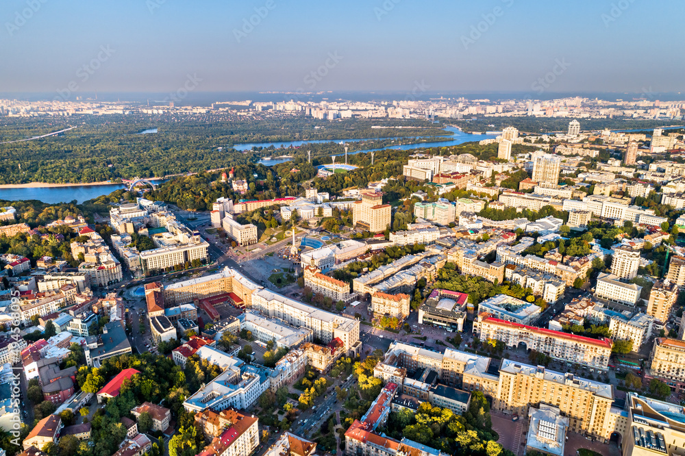 Aerial view of Khreshchatyk and Maidan Nezalezhnosti in Kyiv, Ukraine, before the war with Russia