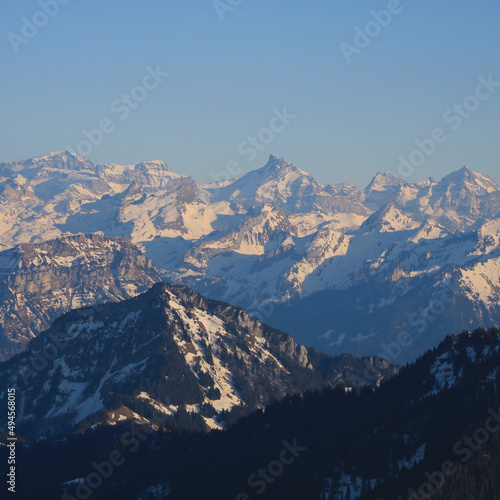 Alpstein Range and other high mountains seen from Mount Rigi, Switzerland.