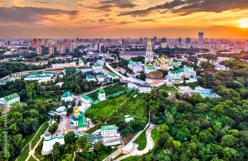 Aerial view of Pechersk Lavra in Kyiv before the war with Russia. UNESCO world heritage in Ukraine