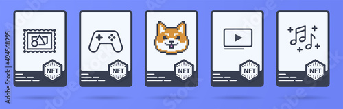 Set of NFT cards with crypto objects of art, sports, music, video, games items. Online NFT collectibles market in trendy modern colors.