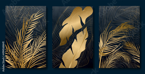 Black and white tropical background with golden palm leaves. Botanical art set with exotic plants for packaging, decor, wallpaper design