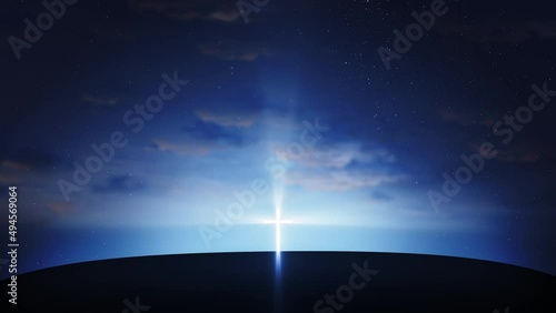 Bright cross on the hill with clouds moving on blue starry sky. Easter, resurrection, new life, redemption concept. Seamless looping background 4k