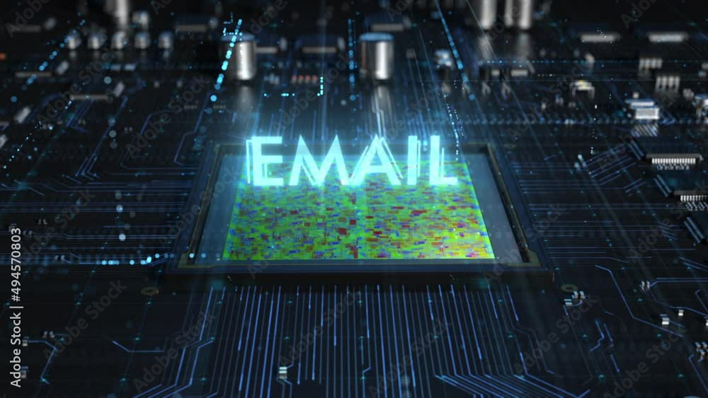 Central processor on a printed circuit board. dynamic 3d animation with email lettering . the concept of technology and artificial intelligence