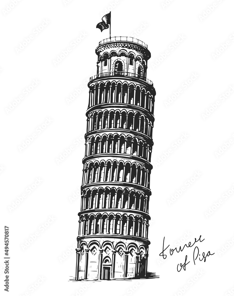 Italian Leaning Tower of Pisa. Sketch of Italy landmark. Vintage vector illustration