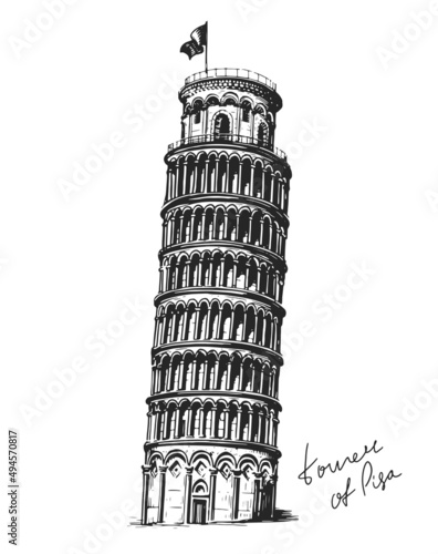 Italian Leaning Tower of Pisa. Sketch of Italy landmark. Vintage vector illustration
