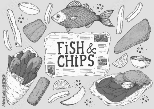 Fish and chips sketch vector illustration. British pub food. Hand drawn sketch. Cooking fish and chips. Engraved hand drawn vintage image. Menu design template.