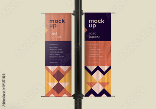 Dual Street Banner Mockup – Realistic Twin Vertical Flag Display on Urban Pole for Outdoor Promotion and Branding