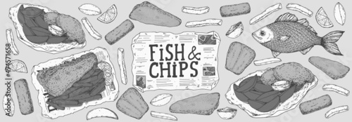 Fish and chips sketch vector illustration. British pub food. Hand drawn sketch. Cooking fish and chips. Engraved hand drawn vintage image. Menu design template.