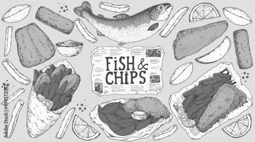 Fish and chips sketch vector illustration. British pub food. Hand drawn sketch. Cooking fish and chips. Engraved hand drawn vintage image. Menu design template.