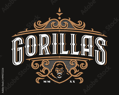 Monkey vintage  luxury emblem, label , badge for your logo or crest. Gorilla head modern vector illustration with baroque ornaments.