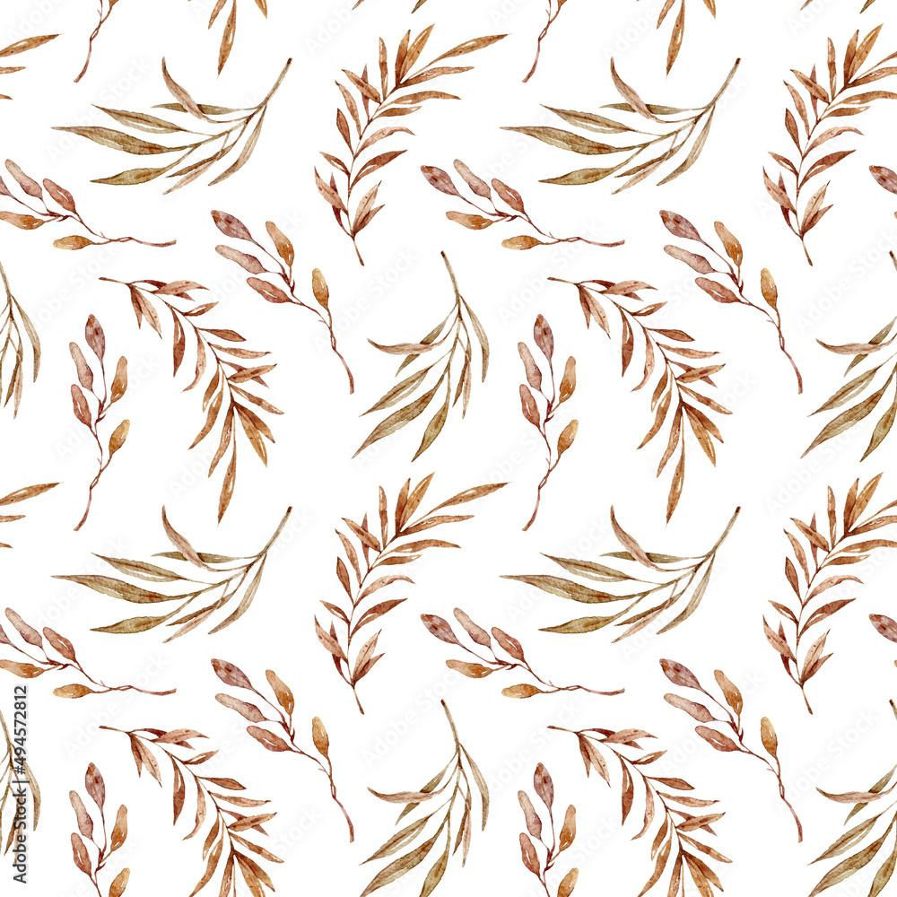 Fototapeta premium Bohemian blush beige watercolor floral seamless pattern on white background for fabric, scrapbook paper, textile, sublimation, print, wrapping paper. Floral wreath, bouquets and arrangements.