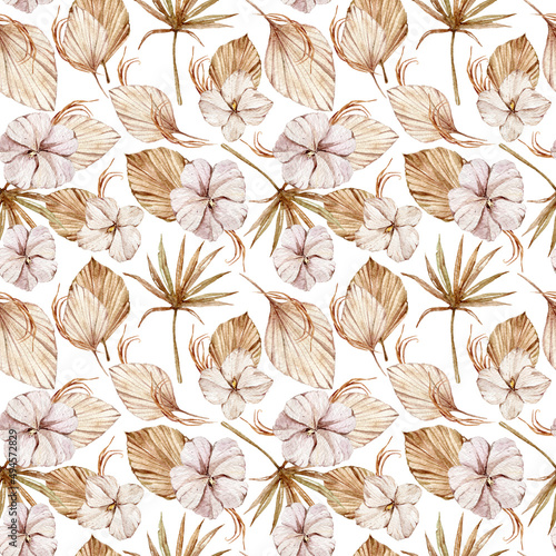 Bohemian blush beige watercolor floral seamless pattern on white background for fabric  scrapbook paper  textile  sublimation  print  wrapping paper. Floral wreath  bouquets and arrangements.