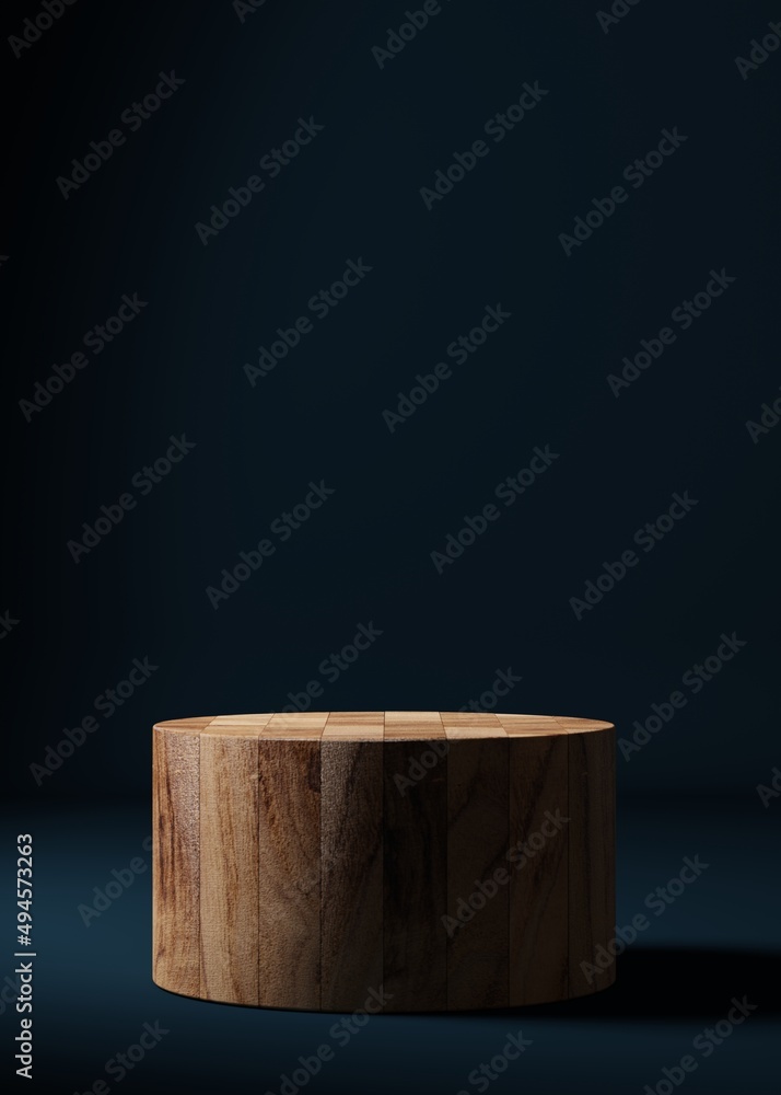 Wood podium or pedestal display on dark blue background with round platform. Blank product standing backdrop. 3D rendering. Wood podium or pedestal display on dark blue background with round platform. Blank product standing backdrop. 3D rendering.