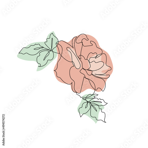 One single line drawing of rose flower and pastel neutral shapes. Abstract botanical line art.