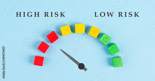 Tachometer high and low risk, pointer is showing to the red risky scale, financial credit and business score