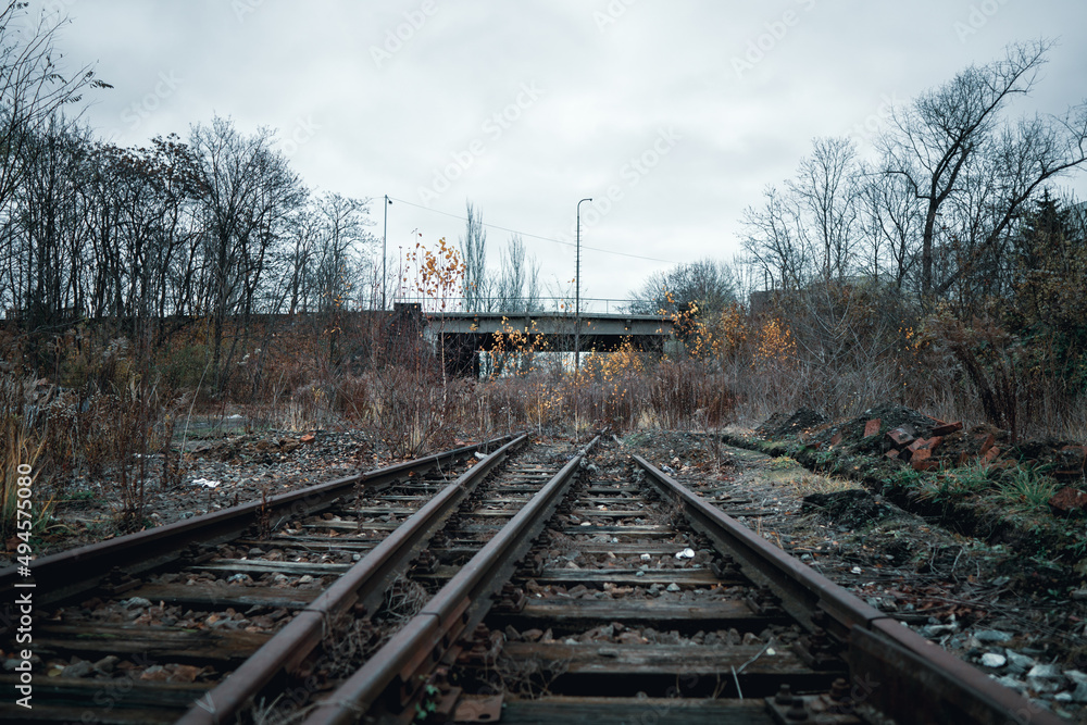 An old overgrown rail line leading into abandoned freight station in Prague