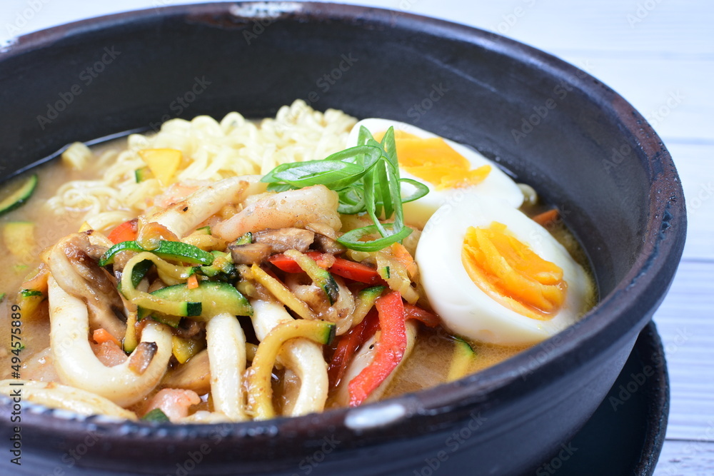 Japanese ramen, miro-based soup, sirloin steak, vegetables, pasta, and egg