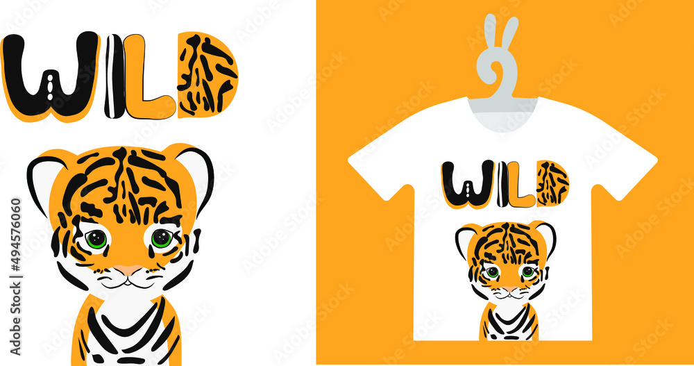 Baby Animal Prints on T-shirts, textile, sweatshirts. Typography design Cute baby tiger. Isolated vector illustration	