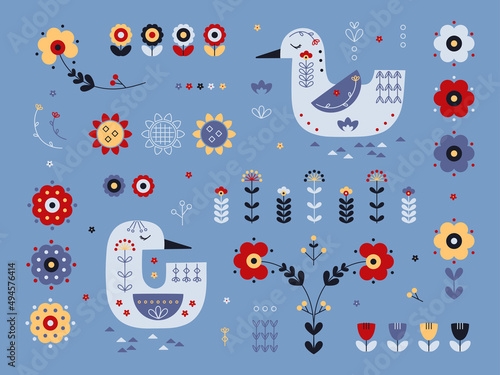 Set of Duck and Floral Ornament Scandinavian Folk Art Design. Colorful Birds and Flowers Vector illustration.