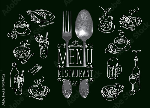 Vector menu for a restaurant with fork, spoon and sketches of various dishes on a black background. Cute cartoon doodles, food and drink drawings. Set of design elements. Drawing chalk on a blackboard