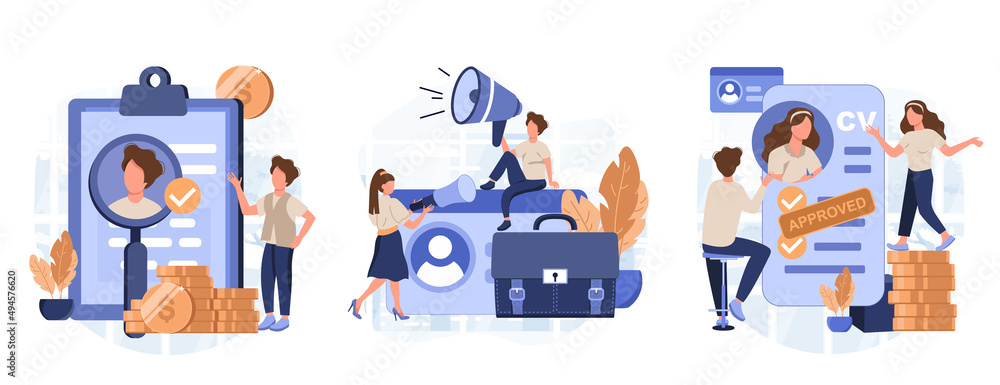 Hiring people concept, collection of scenes. Pr managers searching potential job candidates and analyzing CV. Character applying for work position. Job recruitment process concept. Vector illustration Hiring people concept, collection of scenes. Pr managers searching potential job candidates and analyzing CV. Character applying for work position. Job recruitment process concept. Vector illustration