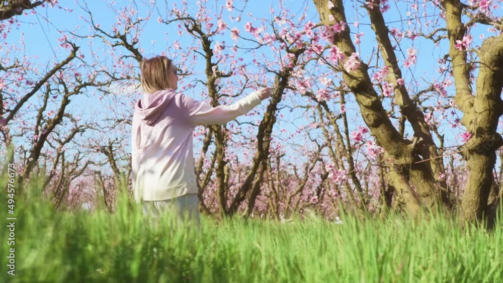 Young woman in casual outfit touches almond tree branches on early morning Young woman in casual outfit touches almond tree branches on early morning