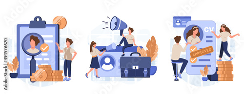 Hiring people concept, collection of scenes. Pr managers searching potential job candidates and analyzing CV. Character applying for work position. Job recruitment process concept. Vector illustration