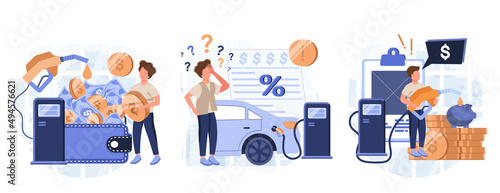 A set of scenes for web apps for save of money and fuel economy. People on gas station filling up petrol into cars and spends too much money on gasoline. Vector illustrations.