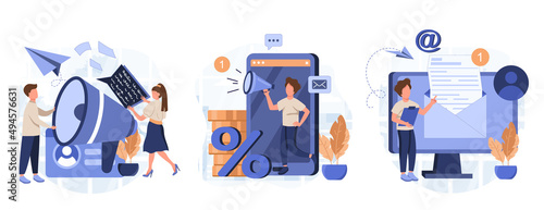Social media promotion scenes. Characters using big loudspeaker to communicate with audience, sending advertising emails, offering sale and discount. Flat cartoon vector illustration and icons set.
