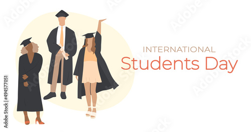 International Students day. Banner. A group of different students. Vector