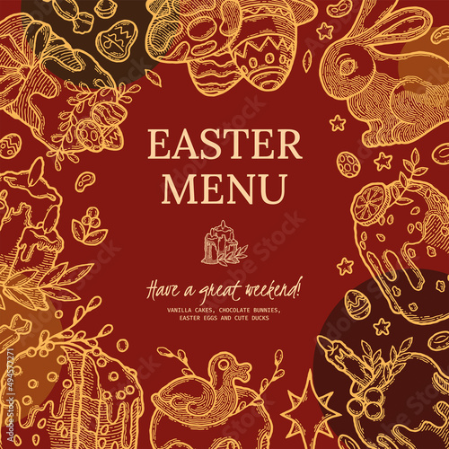 Easter Cake and Pastry banner. Social Media Template with Frame. Hand drawn Bakery, Kulich, Chocolate Bunny, Colored Eggs. Homemade dessert recipe book template. For Food Delivery, Cafe Menu, Recipe
