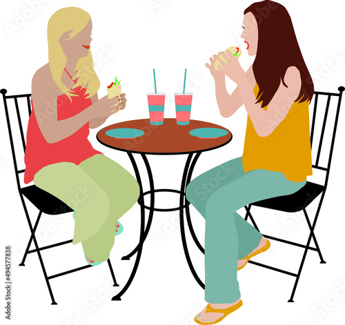 Two Happy Woman Having Meal Together in Café.  Vector illustration over white background.