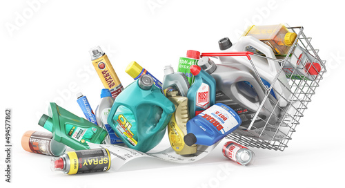 Different Bottles of car maintenance products on a white background. Oil  detergents and lubricants. 3d illustration