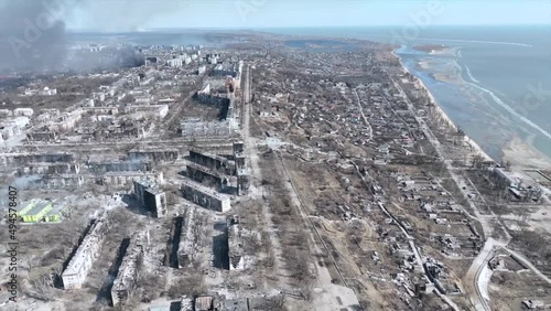 Bombed Mariupol aerial view. Bombed city in Ukraine. photo