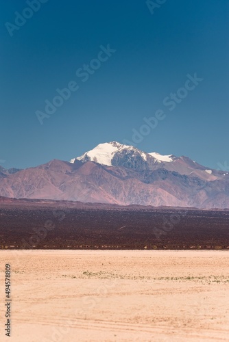 Snowy peak in the Andes Mountains, taken from natural reserve El Leoncito, located in the province of San Juan, Argentina.