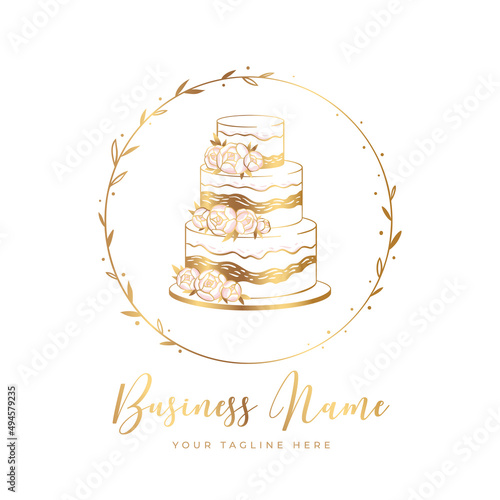 Wedding cake with flowers in gold round frame. Bakery logo design