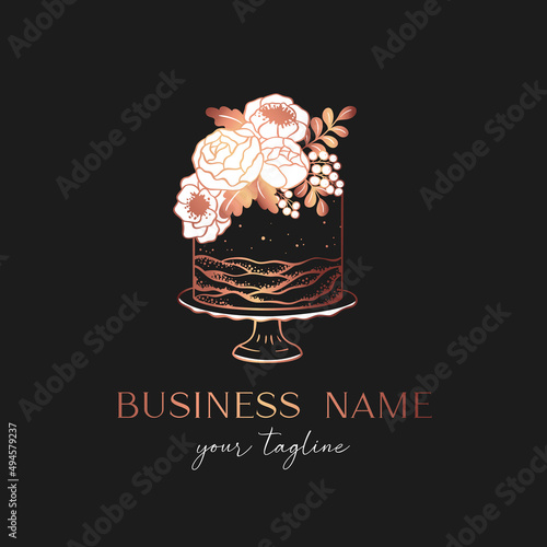 Cake logo design, bakery logo, wedding cake with white flowers and berries