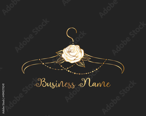 Hanger logo design with white rose . Element for Atelier, wedding boutique, women's clothing store and fashion designer