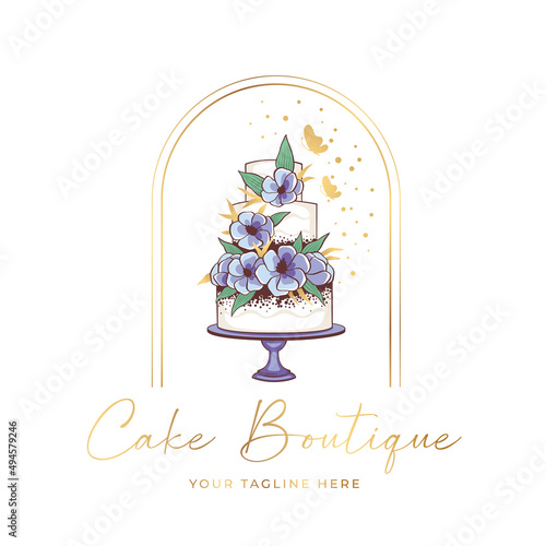 Wedding cake with blue flowers and butterflies. Unique logo for a boutique confectionery or bakery
