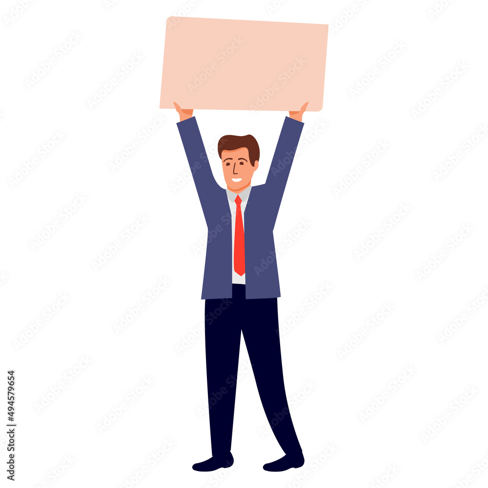 Man protesters. Vector illustration. Hand holding board.Against social issue.Isolated on white background. Vector flat illustration.