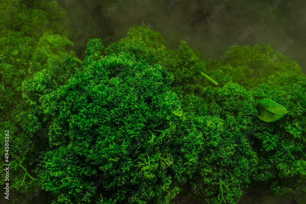 Green macro in the market in mist Green macro in the market in mist