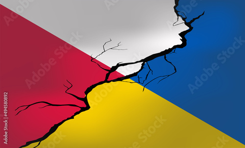Isometric vector. Flags of Poland and Ukraine on the background of the crack. Crisis in relations between countries. War on the border. Army invasion and territory capture 