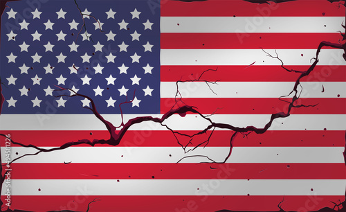 A crack in the wall against the background of the flag of the United States of America. Crisis in the country, humanitarian catastrophe. Political negotiations, sanctions and economic problems