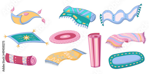 Carpet set for floor decoration. Flooring, interior decor, cozy home decoration, isolated on a white background. Cartoon carpets of different patterns. Vector illustration