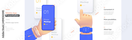 Modern presentation of a mobile application. Mobile phone mockup on a blue background with a description of the mobile application. Modern illustration 3D style.