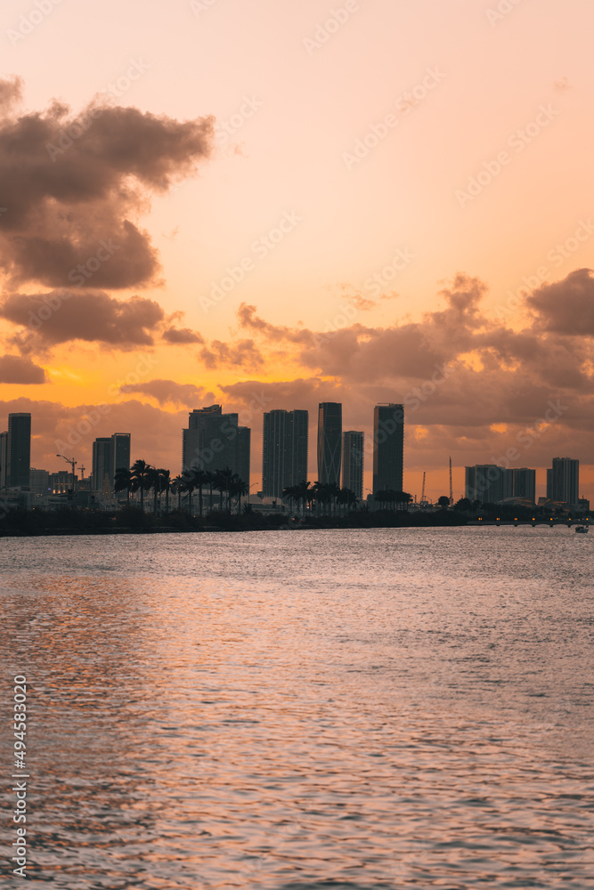 city skyline at sunset miami tropical place sky orange buildings 