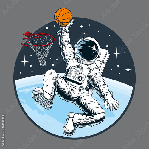 Astronaut playing basketball in outer space. Comic book style vector illustration.