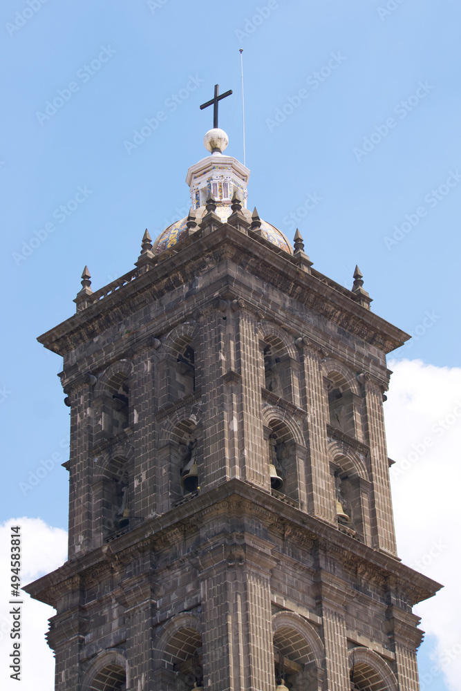 One of the towers of the Catholic Cathedral of Puebla, in Mexico