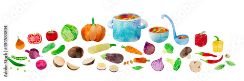 Hand-drawn watercolor vegetable soup collection set. Ingredients such as carrot, beetroot, cabbage and chili. Cute kidcore illustration, for farmers market, products design, stickers or postcards.