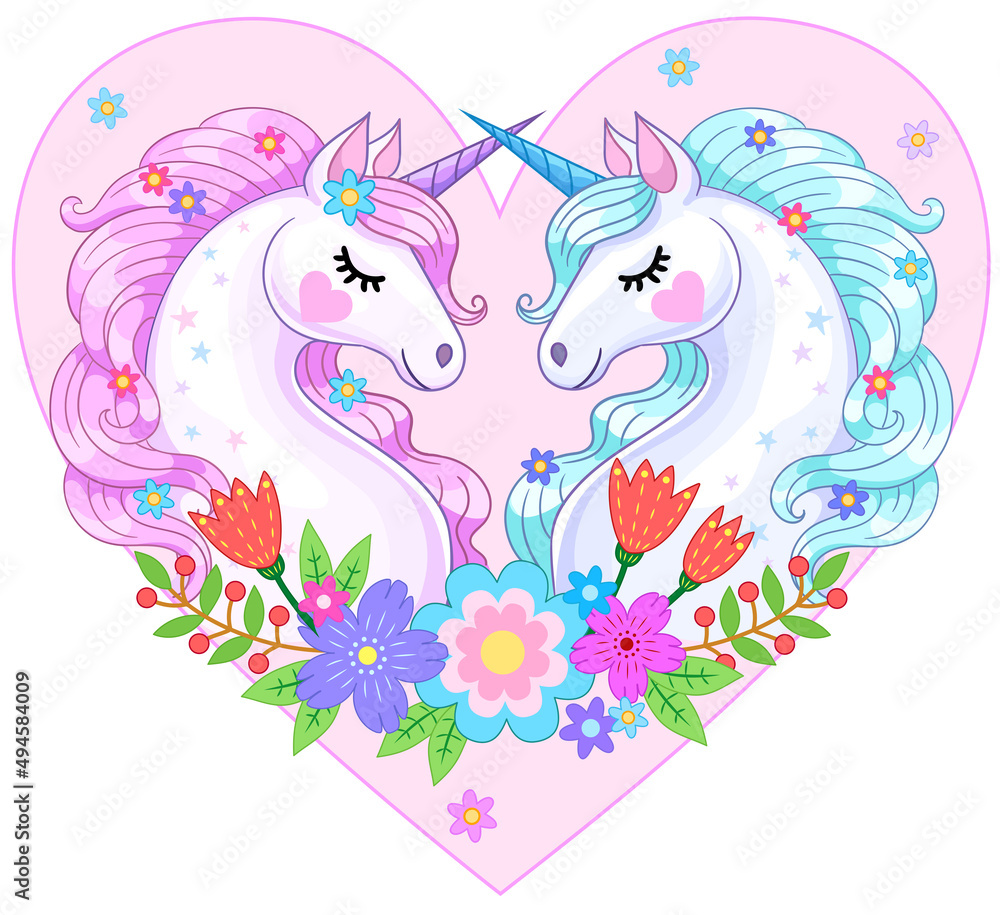 Couple of unicorns with flowers and pink heart on background. Vector illustration for Valentines day